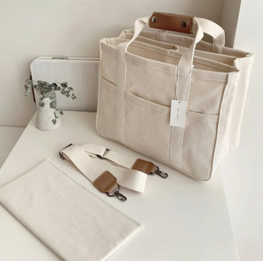 Trendy Multi-Pocket Divider Canvas Tote Bag All-Match Solid Color Shoulder Bag Perfect Casual Crossbody Bag for Commuting
